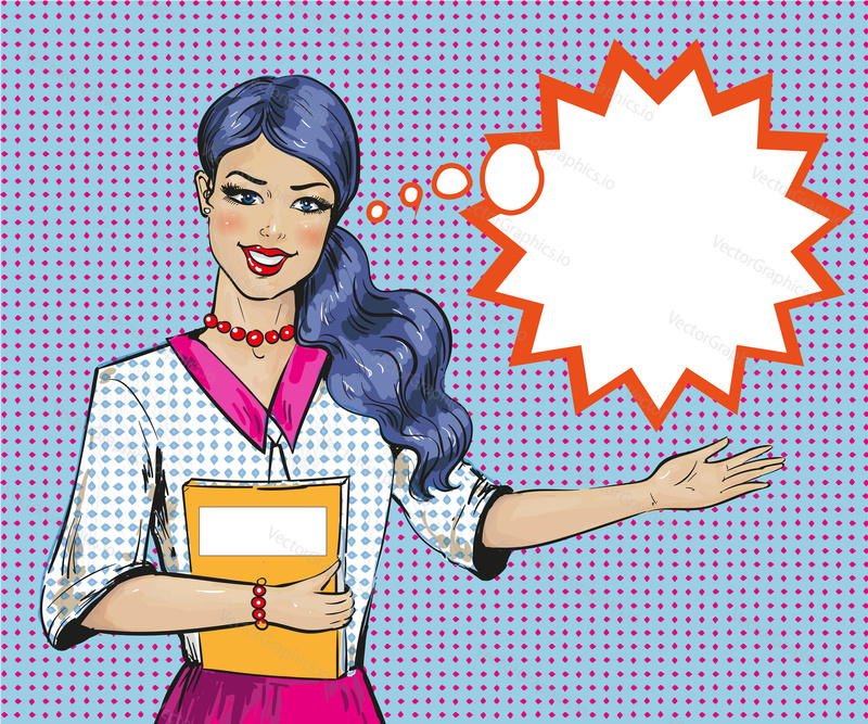 Vector illustration of beautiful woman showing or advertising something, speech bubble. Retro pop art comic style.