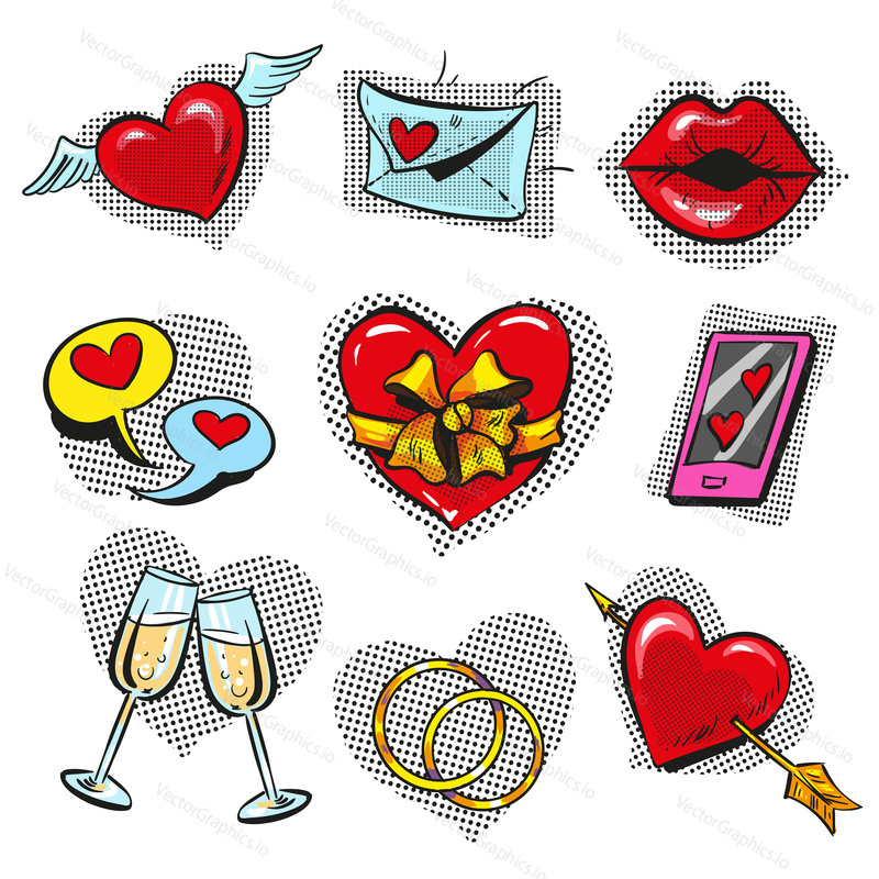 Vektorová sada vintage pop art komických módních milostných odznaků, záplat, samolepek. Prvky pro svatební a Valentines Day blahopřání, tisk.