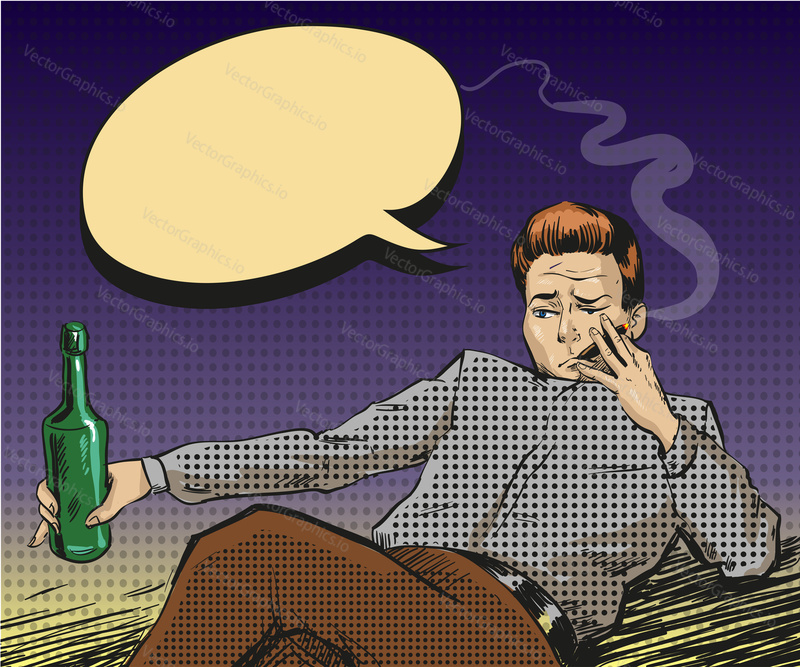 Vector illustration of man holding bottle in his hand and smoking cigarette. Sad intoxicated and relaxed man in retro pop art comic style.