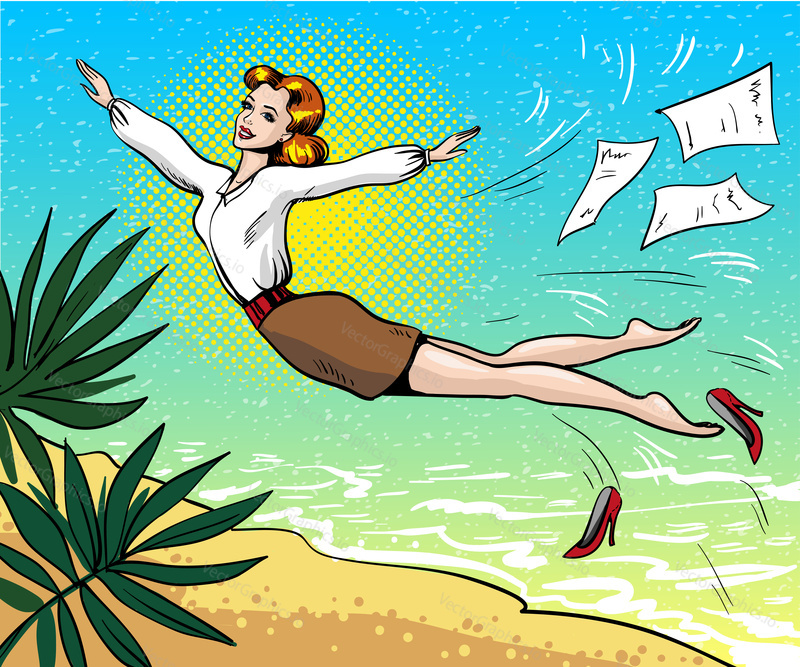 Vector illustration of businesswoman dreaming about holiday at the seaside in retro pop art comic style.