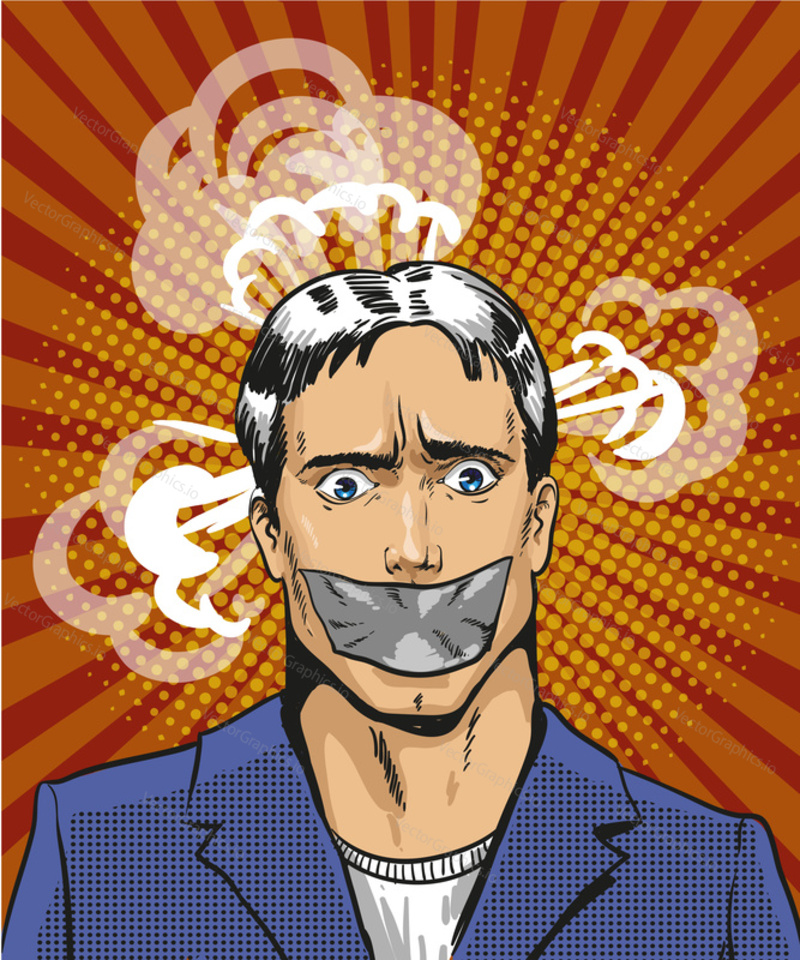 Vector illustration of young man with taped mouth in retro pop art comic style. Person is not able to express his thoughts.