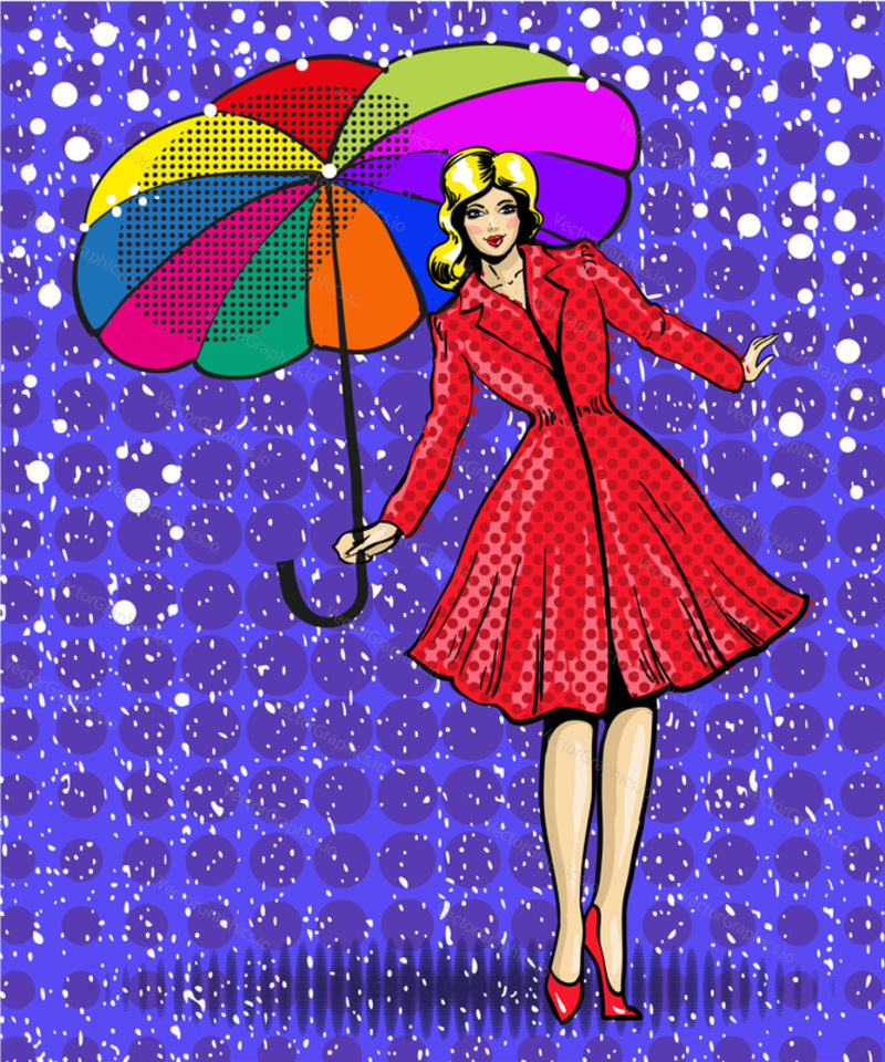 Vektorová ilustrace hezké mladé ženy s deštníkem. Elegantní dívka na sobě červený kabát a červené boty v retro pop art komické stylu.