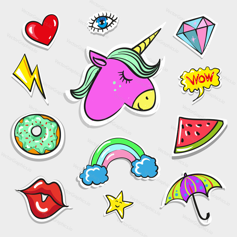 Vector vintage pop art quirky badges and patches set. Cute heart, eye, lips, unicorn, slice of watermelon, diamond, arrow, donut, rainbow, umbrella, star wow speech bubble fashion decorative symbols.