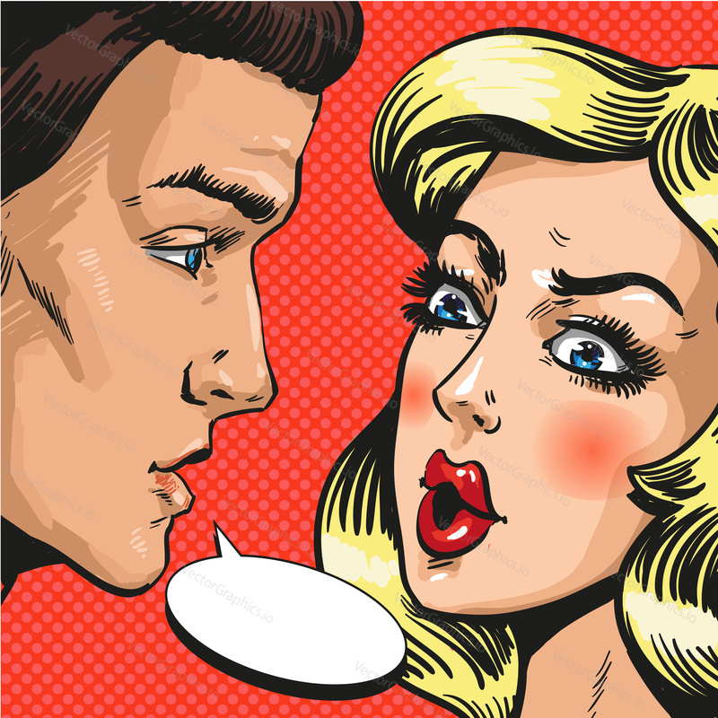 Vector illustration of young couple, husband and wife, lovers talking to each other. Serious talk or love conflict concept, speech bubble in retro pop art comic style.