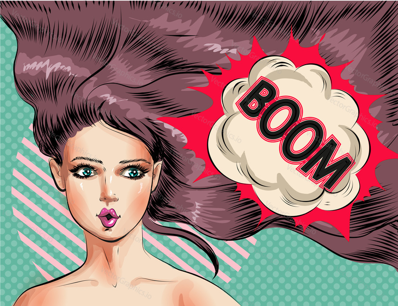 Vektorová ilustrace krásné ženy s dlouhými mávajícími vlasy a bublinou řeči. Sexy pin-up dívka v retro pop art komický styl.