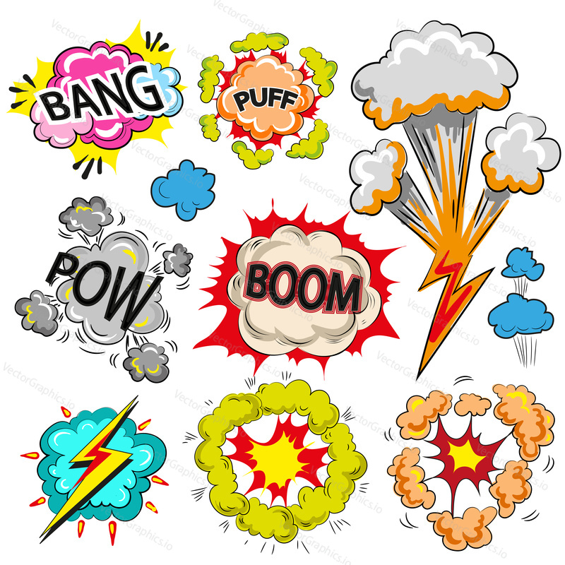 Vector vintage pop art speech and explosion bubble set with fashion phrases and expressions Bang, Boom, Pow, Puff. Comic book sound effects.
