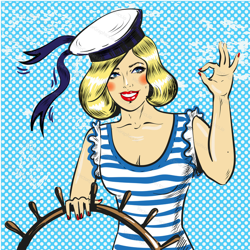 Vector illustration of pretty blond pin up girl in captain hat showing ok hand sign. Sailor woman with steering wheel in retro pop art comic style.