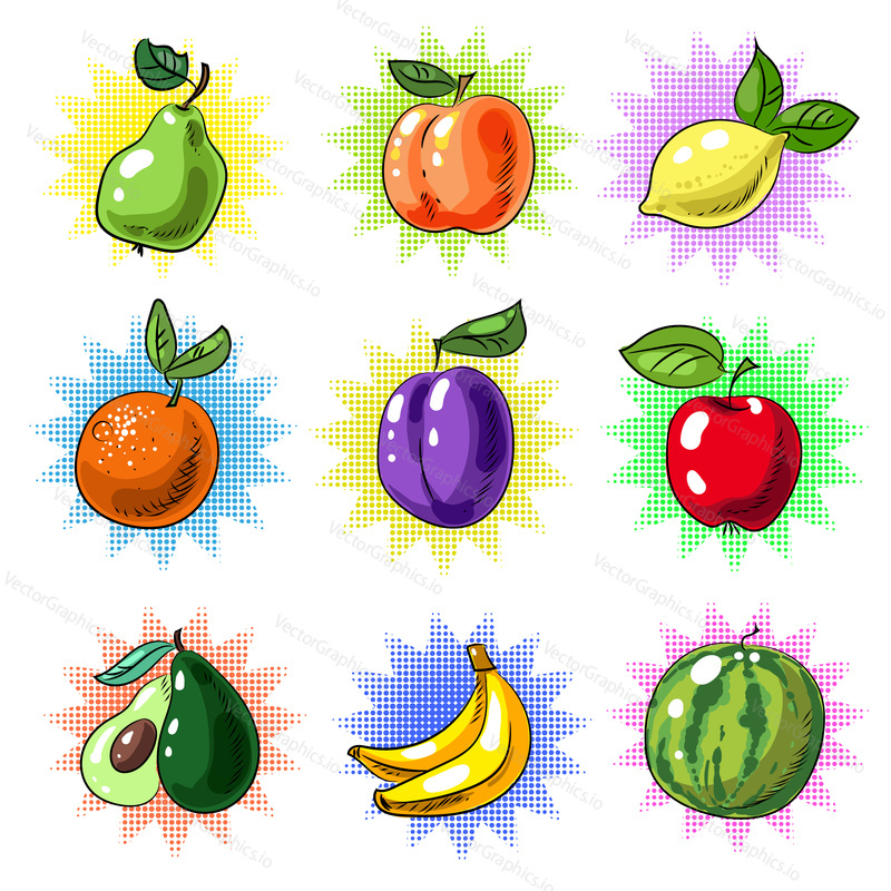 Vector vintage pop art patches set with tasty fresh fruits. Pear, peach, lemon, tangerine, apple, plum, mango banana and watermelon stickers, pins.