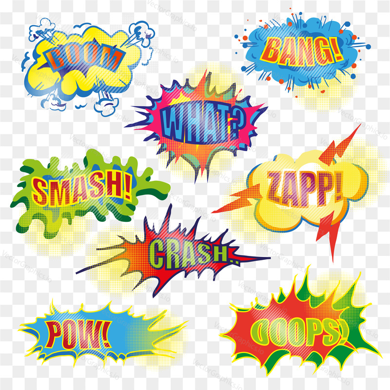 Vector vintage pop art comic spiky shape, speech and explosion bubble set with fashion phrases and expressions Bang, Zap, Boom, Smash, Crash, etc. Comic book sound effects on transparent background.