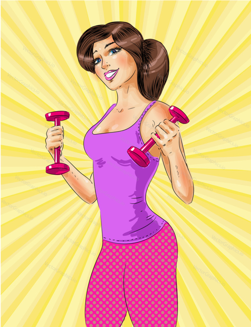 Vektorové ilustrace fitness dívka cvičení s činky. Krásná sportovní dívka v retro pop art komickém stylu.