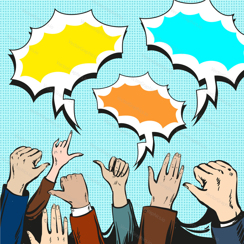 Vector vintage pop art comic hand sign set. Ok sign, thumb up, thumb down, pointing finger, raising hand, speech bubbles.