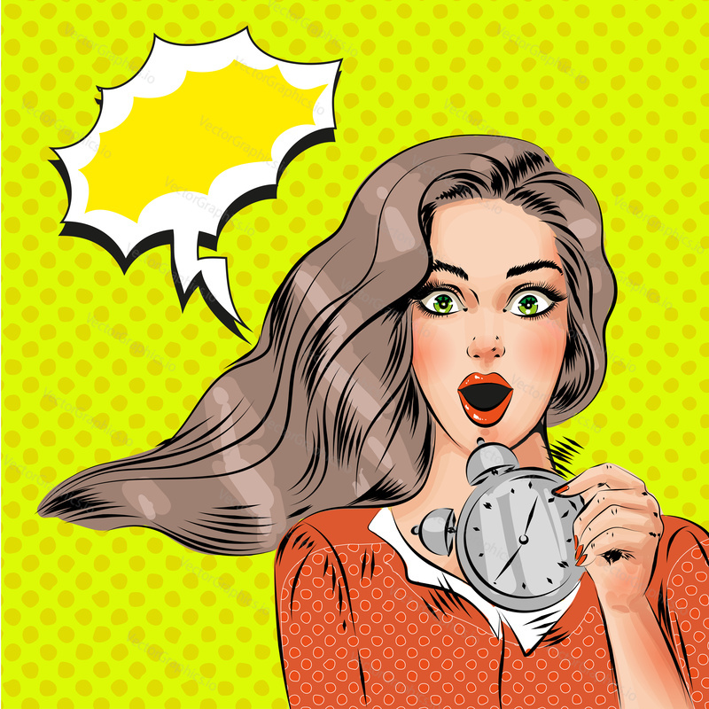 Vector pop art beautiful girl with alarm clock. Panic, surprised or waking up late in the morning girl, speech bubble, comic book style.