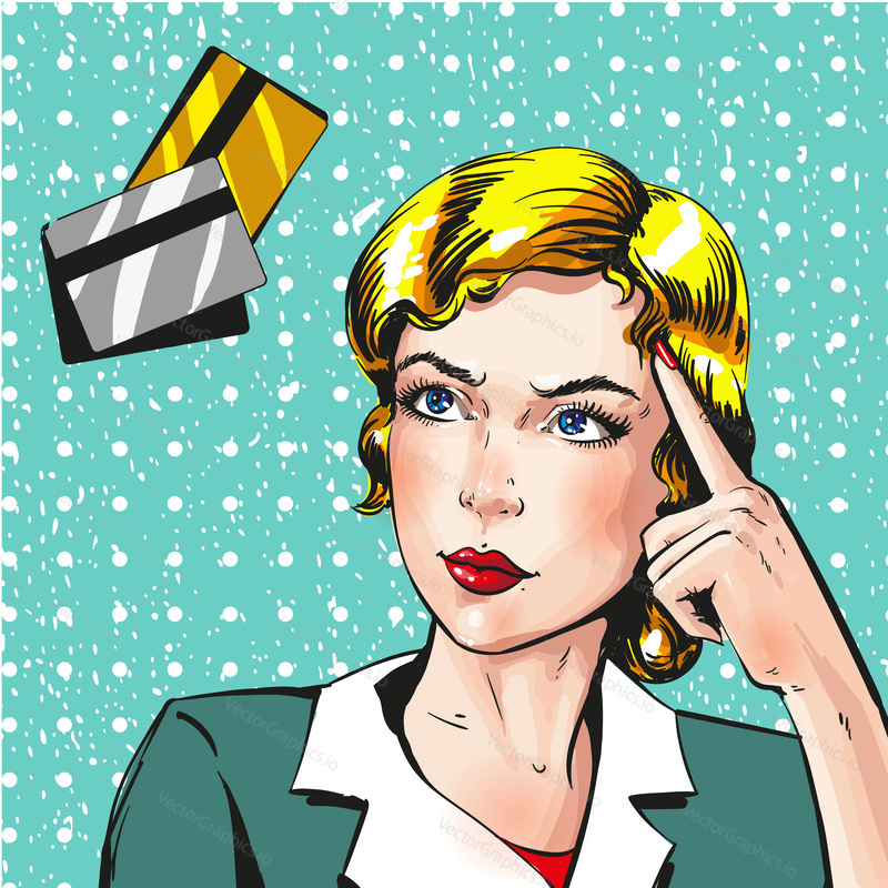 Vektor pop art žena s prstem na její chrám, zatímco přemýšlel o kreditní kartě. Komiks vintage ilustrace.