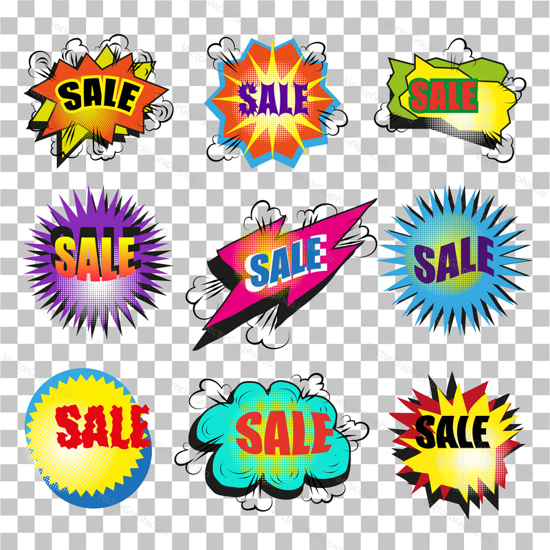 Vektor vintage pop art prodej řeči bublina set. Prodejní koncept v komiksovém špičatém tvaru na průhledném pozadí.