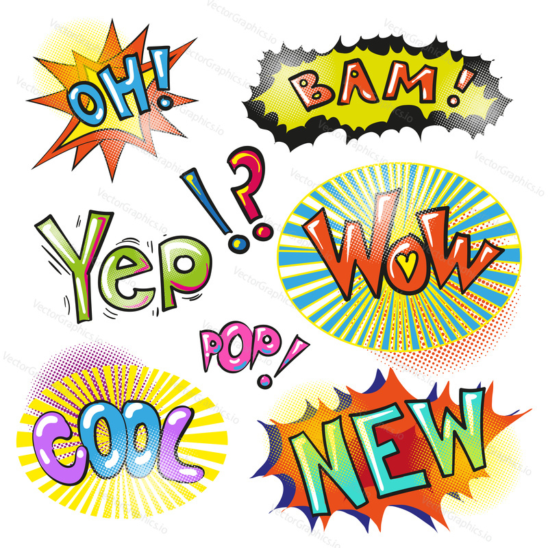 Vektorová sada vintage pop art záplat, samolepky a bubliny s módními frázemi a výrazy Jo, Ach, Bam, Wow, Pop, Cool, nový. Komiksové zvukové efekty.