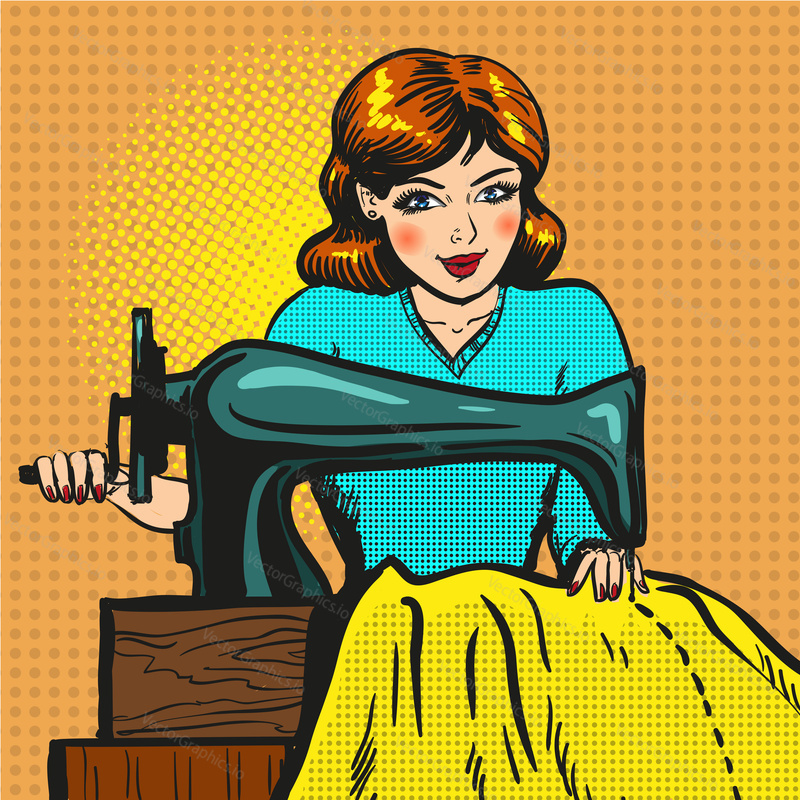 Vector illustration of young woman seamstress sewing on machine. Atelier, sewing workshop, fashion house concept in retro pop art comic style.