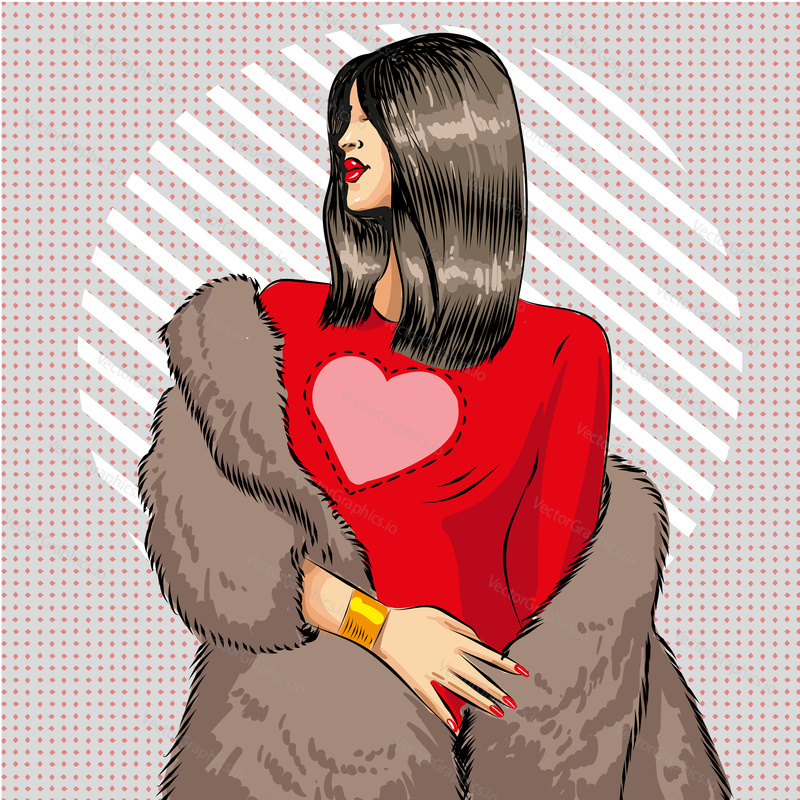 Vektorové ilustrace krásné mladé ženy na sobě červené šaty a kožich. Sexy brunetka pin-up dívka v retro pop art komický styl.