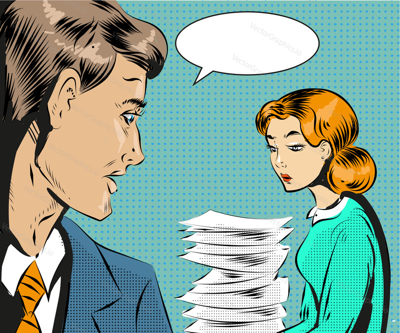 Vector illustration of tired office woman and her boss. Young girl secretary holding heap of papers in retro pop art comic style.