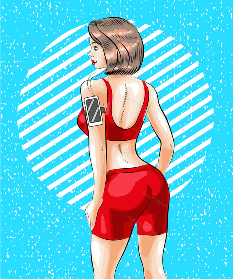 Vektorová ilustrace fitness ženy, která si užívá cvičení s hudbou pomocí držáku mobilního telefonu s náramkem. Krásná sportovní dívka v retro stylu pop art.