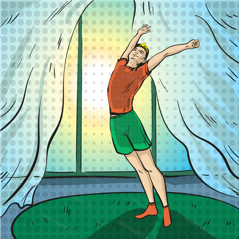 Vector illustration of boy waking up in the morning with arms stretched. Happy morning design in retro pop art comic style.
