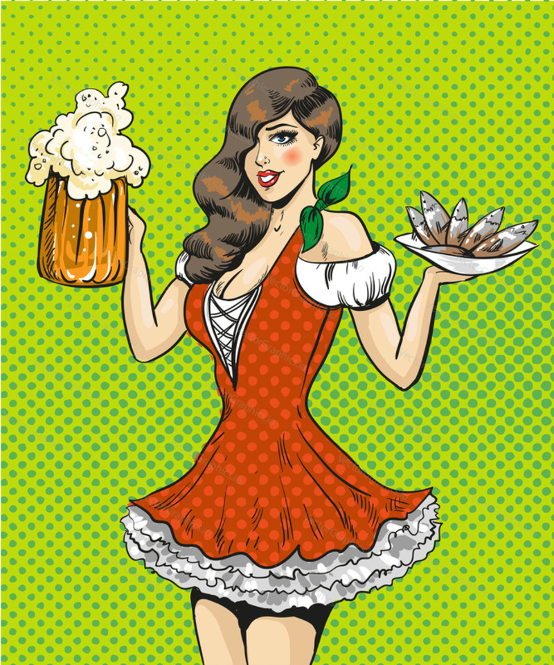 Vector illustration of pretty girl waitress with beer and fish. Oktoberfest beer festival concept in retro pop art comic style.
