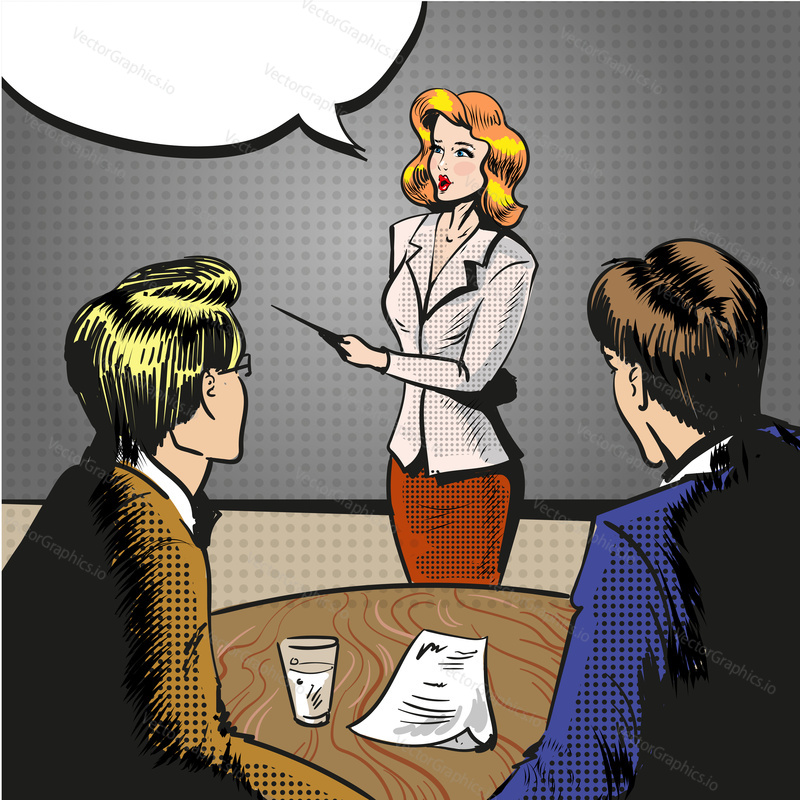 Vector illustration of young woman with pointer giving presentation, speech bubble. Business workshop, training, conference, lecture concept in retro pop art comic style.