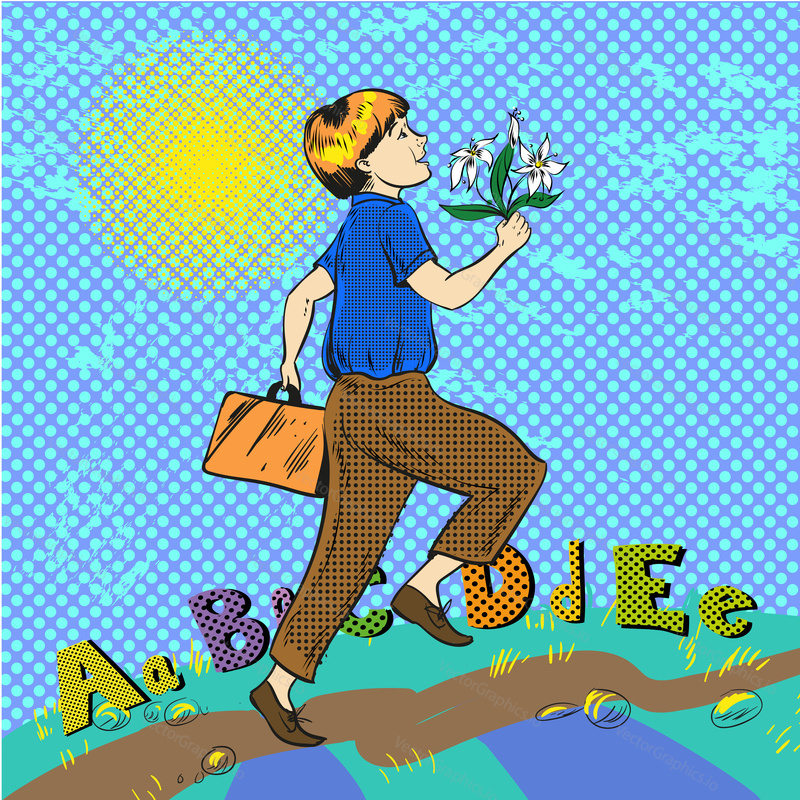 Vector illustration of schoolboy with bunch of flowers skipping along the road to school. Happy spring morning design element in retro pop art comic style.