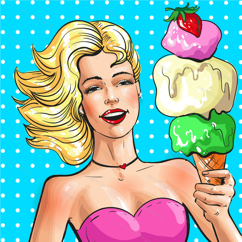 Vector illustration of beautiful blonde woman with tasty ice cream cone. Pin-up girl portrait in retro pop art comic style.