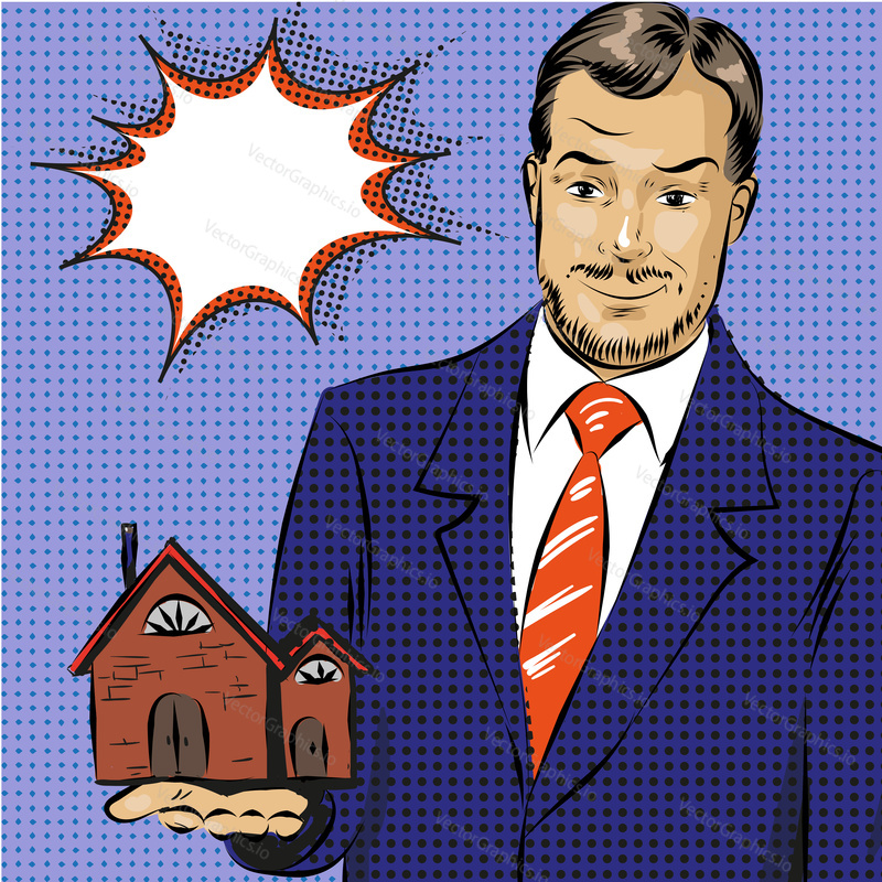 Vektorové ilustrace realitní podnikatel nabízející nemovitost pro prodejce, kupující. Pronájem domu. Koncept služeb realitních agentů v retro pop artovém komiksovém stylu.