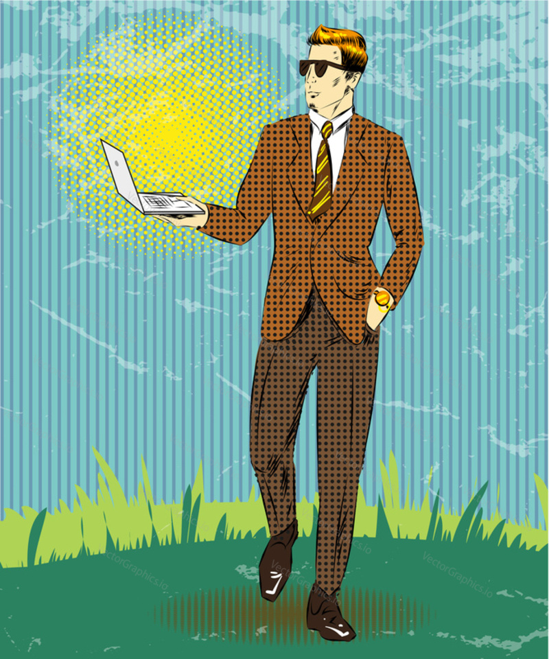 Vector illustration of businessman holding laptop. Gadgets modern technology concept in retro pop art comic style.