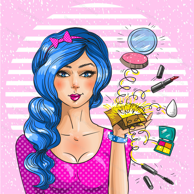 Vektorové ilustrace krásné ženy visagiste s krabicí plnou make-upu. Profesionální vizážistka v retro pop art komickém stylu.
