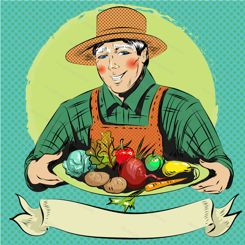Vector illustration of smiling farmer holding tray with fresh vegetables. Gardener male in retro pop art comic style.
