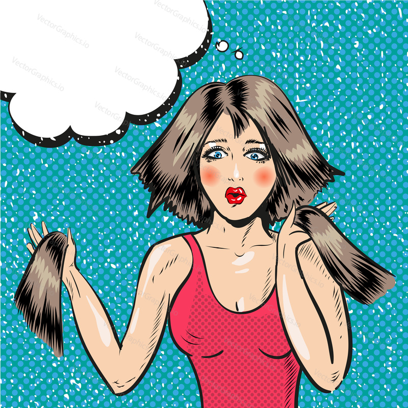 Vector illustration of young woman with shocked expression on her face. Girl with cutting hair in retro pop art comic style.