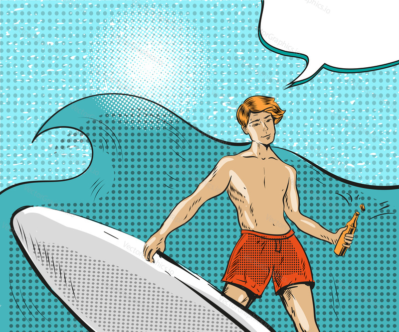 Vector illustration of young man standing on surfboard and riding on ocean wave, speech bubble. Water sports concept design element in retro pop art comic style.