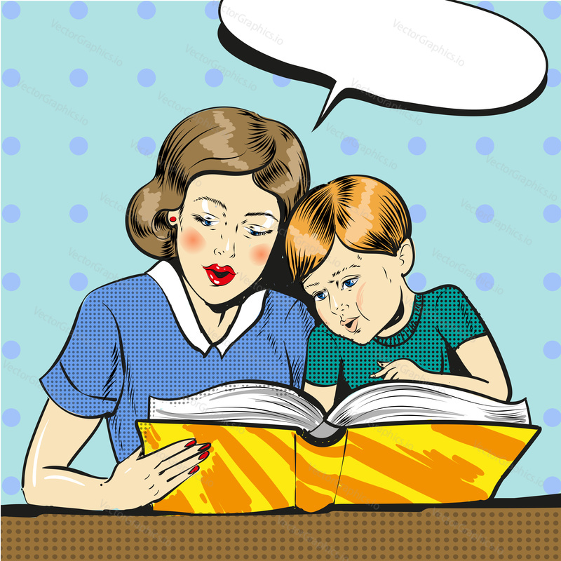 Vector illustration of woman reading book to her son, speech bubble. Mother and son in retro pop art comic style.