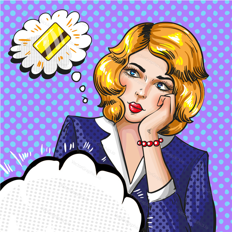 Vektorová ilustrace ženy přemýšlející o kreditní kartě v retro pop art komickém stylu. Bublina.
