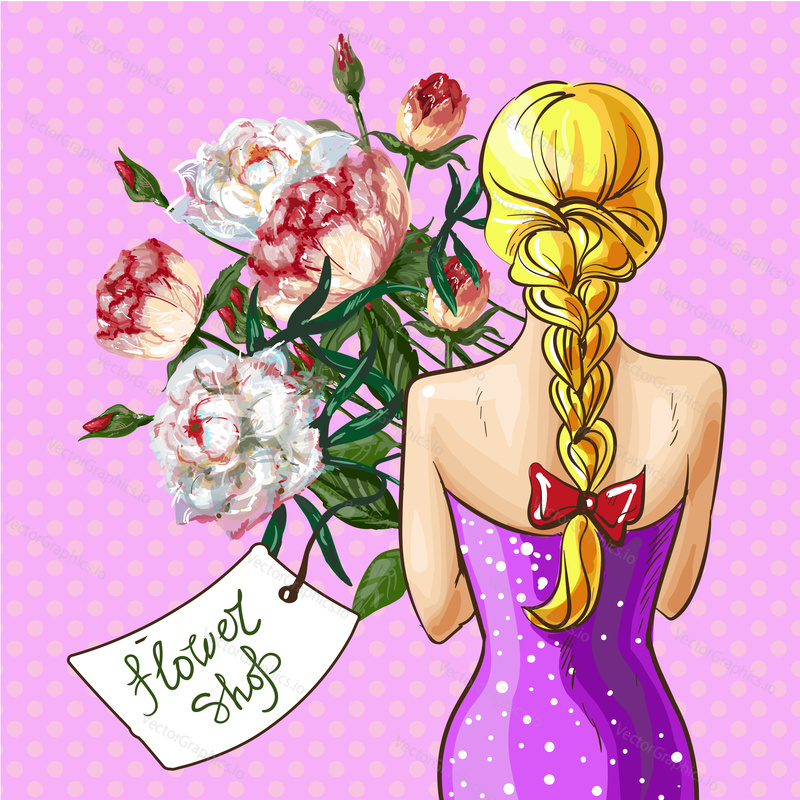 Vector illustration of young woman with flower bouquet standing back. Flower shop poster in retro pop art comic style.