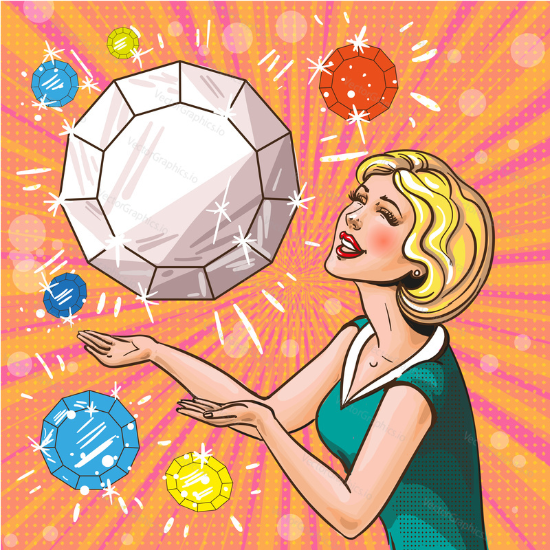 Vector illustration of beautiful girl adoring jewelry in retro pop art comic style.