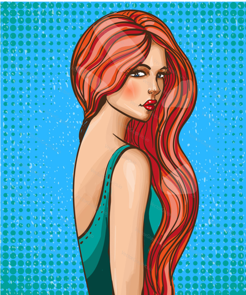 Vector illustration of beautiful sexy pin up girl with long hair. Glamour woman portrait in retro pop art comic style.