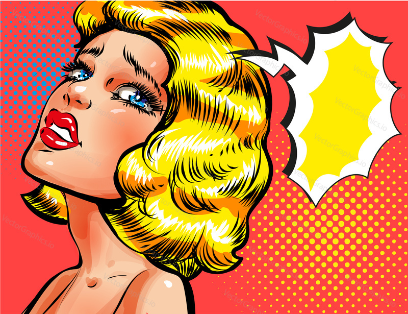 Vector illustration of beautiful girl thinking about something, thought bubble. Sad woman portrait in retro pop art comic style.
