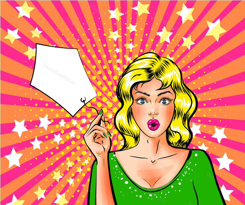 Vektorové ilustrace krásná žena drží cenovka. Wonder girl portrét v retro pop art komické stylu.
