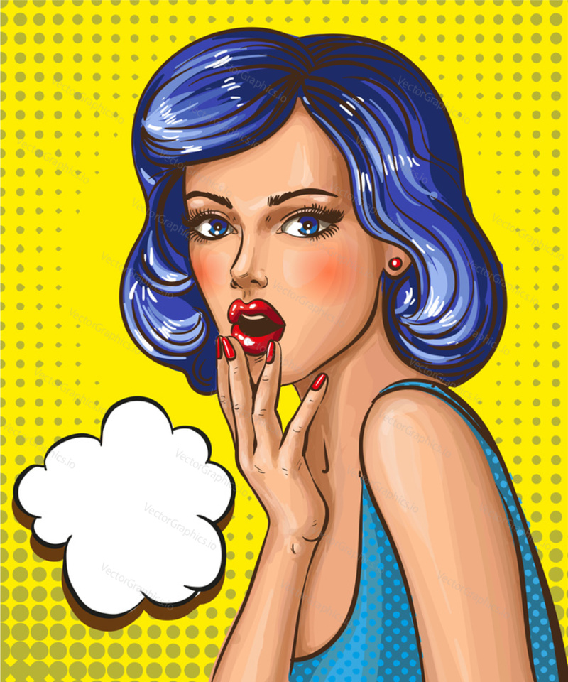 Vector illustration of beautiful pin-up wonder girl, speech bubble in retro pop art comic style.