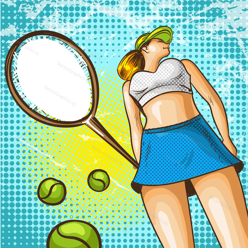 Vector illustration of tennis player female. Beautiful young woman with tennis racket in retro pop art comic style.