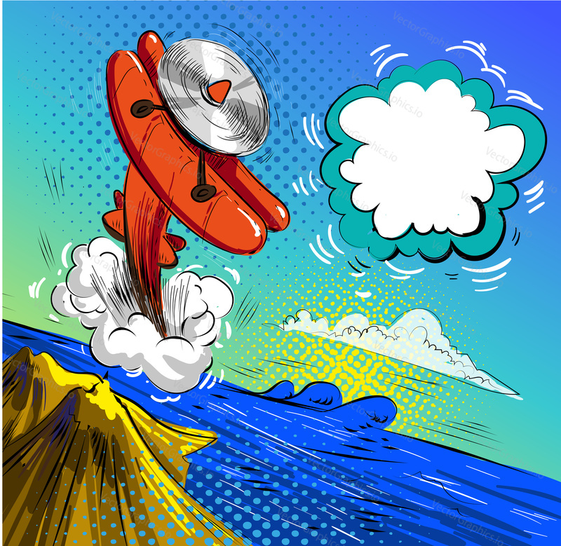 Pád letadla nad mořem vektorový náčrt ilustrace. Padající letadlo v retro pop art komickém stylu.