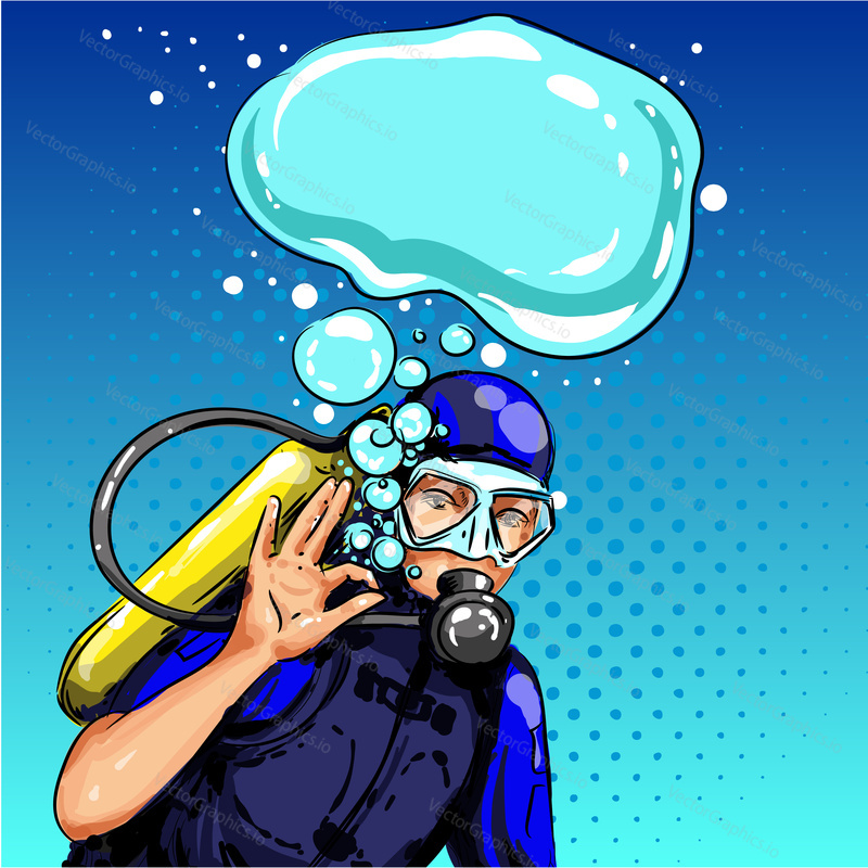 Vector illustration of diver showing ok hand sign. Swimming underwater man in scuba diving equipment in retro pop art comic style.