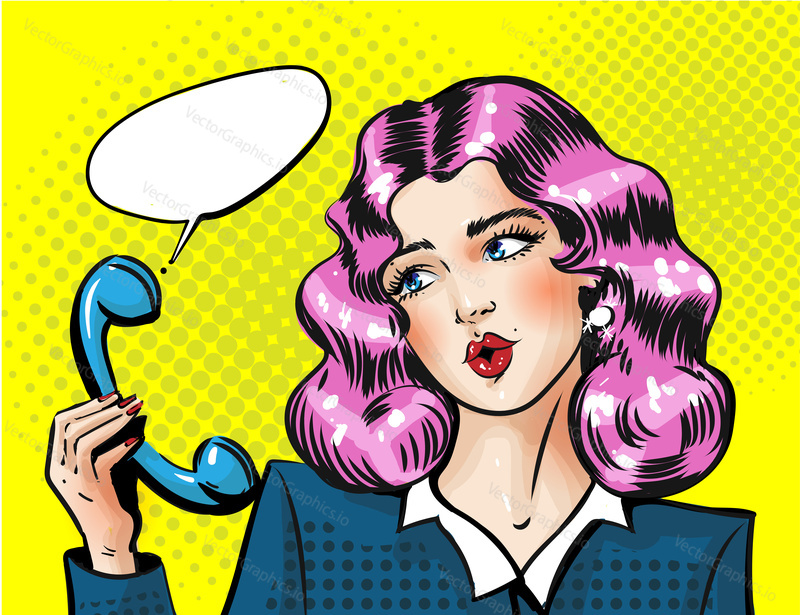 Vector portrait of young woman amazed from hearing and holding telephone receiver in her hand. Modern pretty girl holding telephone receiver and amazing. Place for text. Copy space