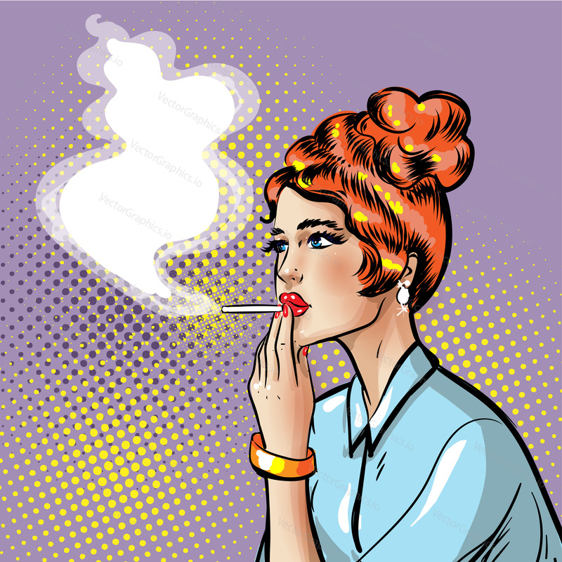 Módní krásné pin-up kouření dívka s kouření cigaret v ruce, kde je místo pro text. Kopírovat prostor. Vektor Pop artu. Vektor moderní dívky. Ilustrace špatného zvyku