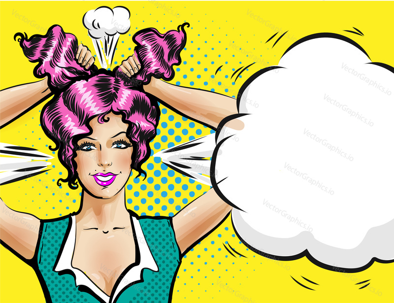 Vector portrait of joyful smiling girl holding two plaits with her hands on her head. Illustration of young beautiful girl doing hairstyle with copy space. Fashionable girl with place for text