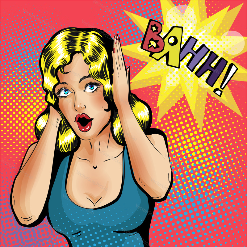 Vector of woman who taking her head in hands because of explosion behind. Illustration of pretty girl is covering her ears because of noise. Young woman holding her head with both hands
