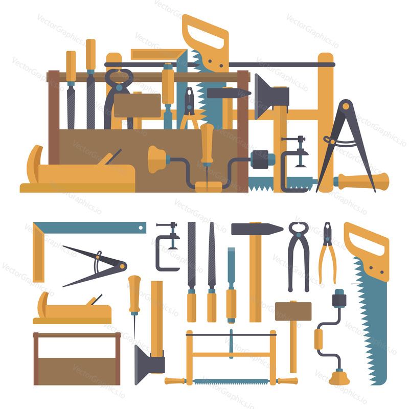 Vector set of carpenter tools and instruments in flat style. Design elements and icons isolated on white background. Home construction repair tools.